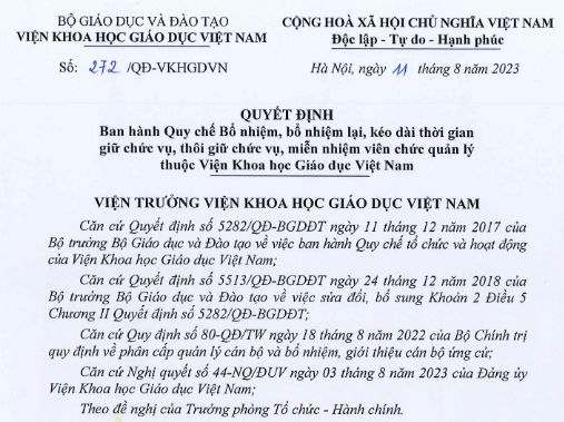 Quyết định 272 ban hành Quy chế Bổ nhiệm, bổ nhiệm lại, kéo dài thời gian giữ chức vụ, thôi giữ chức vụ, miễn nhiệm viên chức quản lý thuộc Viện Khoa học Giáo dục Việt Nam
