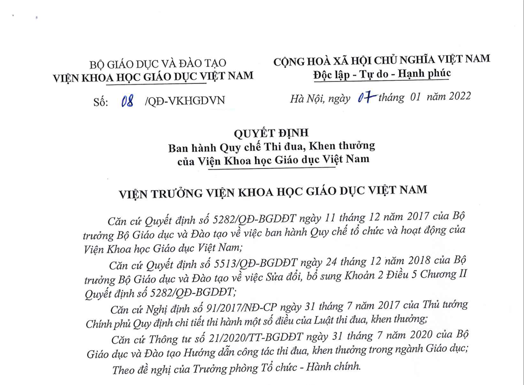 Quyết định số 08 về việc Ban hành Quy chế thi đua, khen thưởng của Viện Khoa học Giáo dục Việt Nam