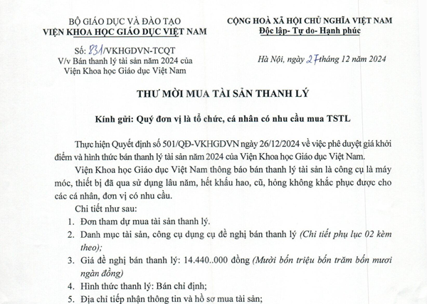 Thông báo về việc: Bán thanh lý tài sản năm 2024 của Viện Khoa học Giáo dục Việt Nam